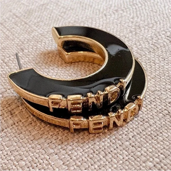 Fendi Black and Gold Logo Hoop Earrings - Picture 5 of 8